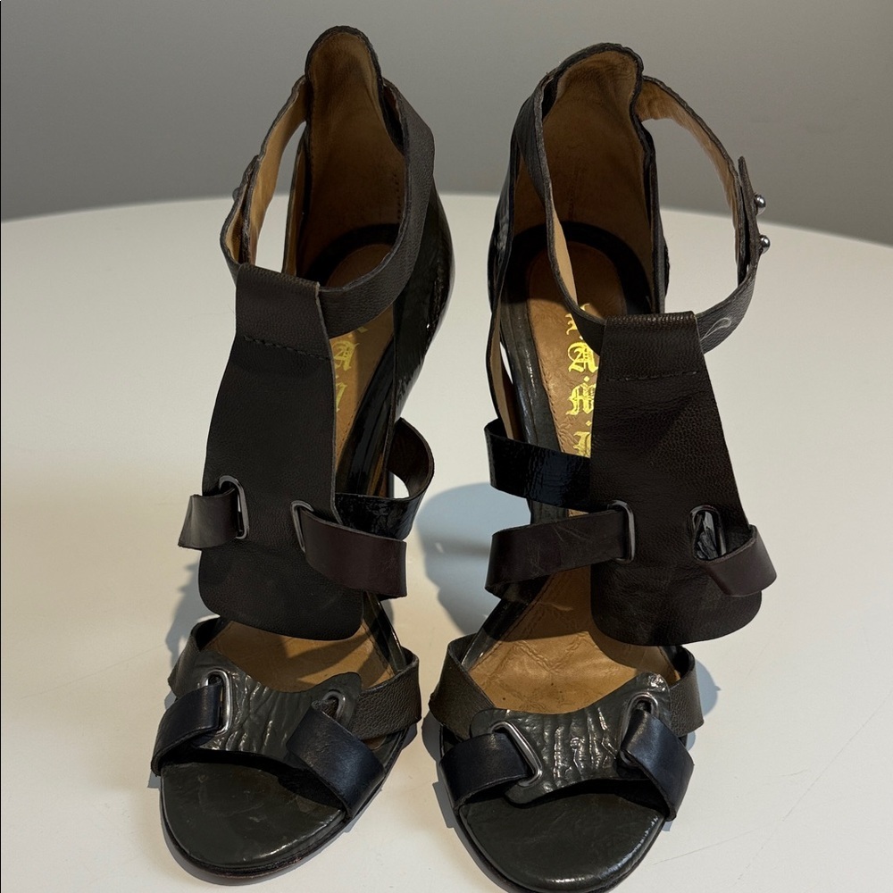 L.A.M.B. Brown/Grey Strappy Heels
